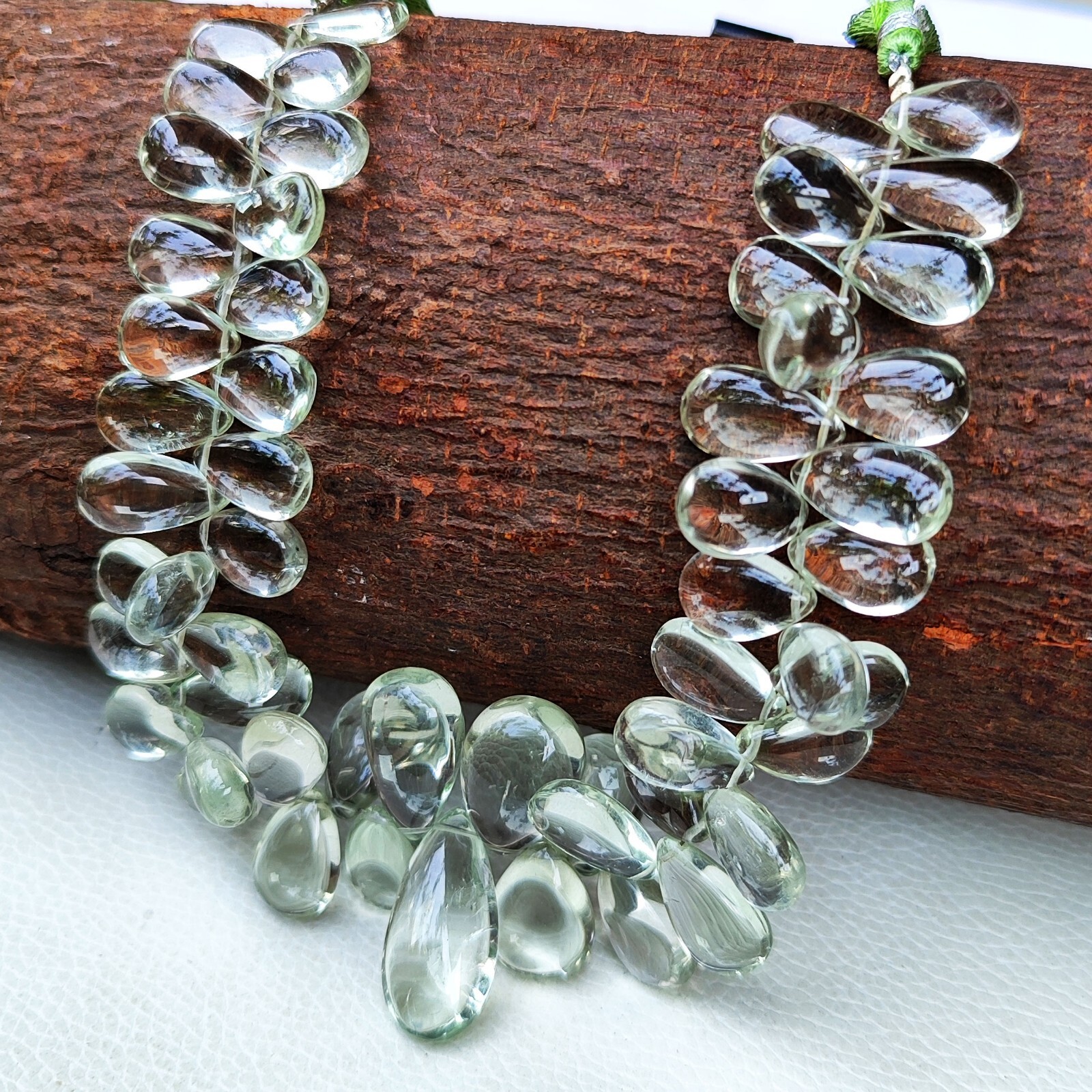 Natural Green Amethyst Prasiolite Gems 12×7 to 13x8mm Smooth Pear Shape Beads 9″