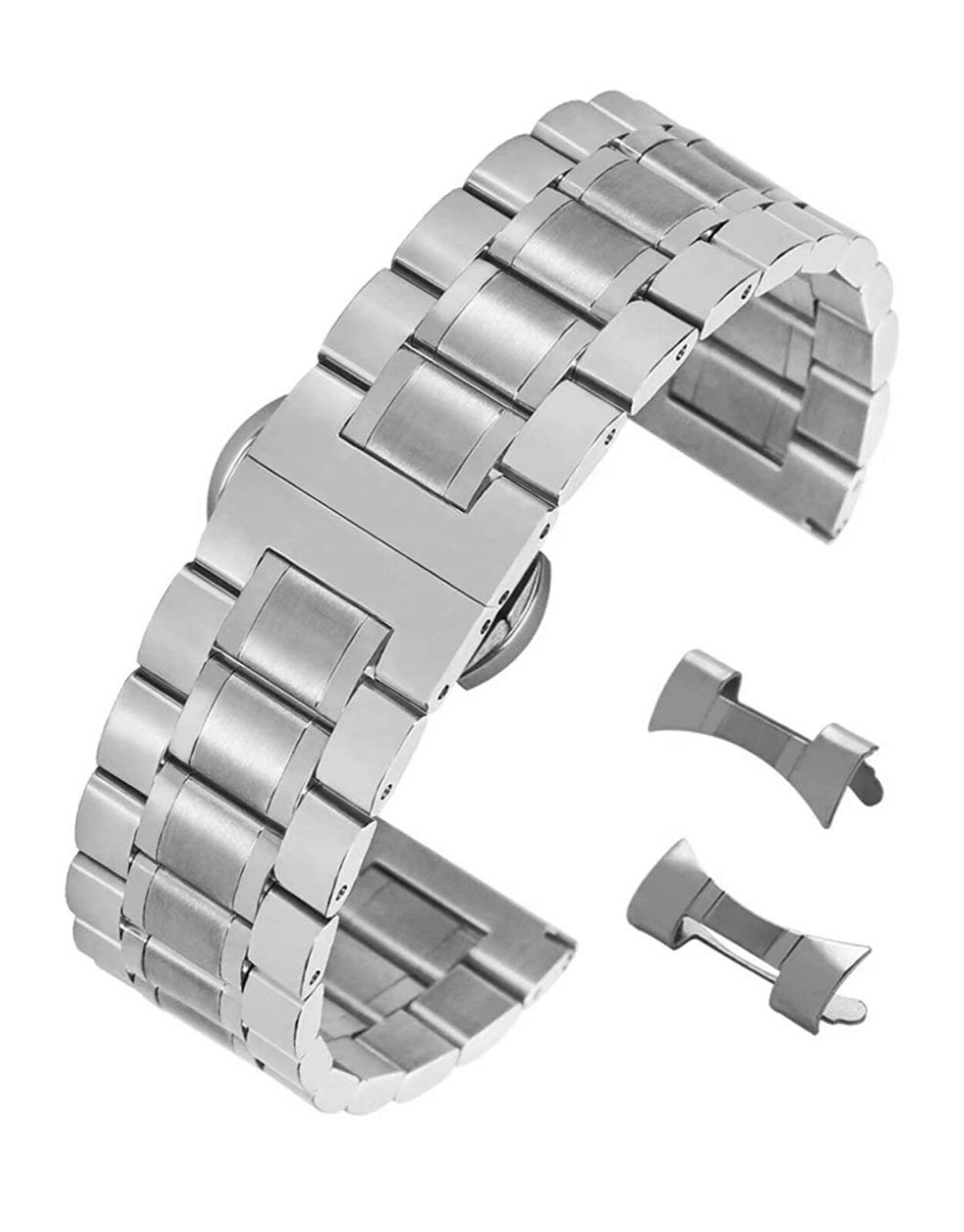 Solid Stainless Steel Watch Band Butterfly Clasp Bracelet Strap w/ Curved Ends