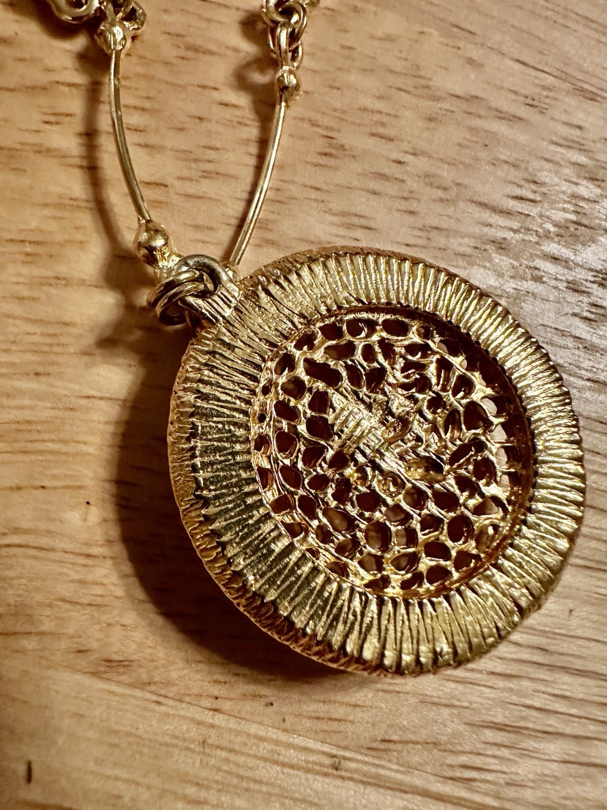 Vintage Gold Tone Filigree Medallion Pendant. Structured Chain. Rhinestones. #85