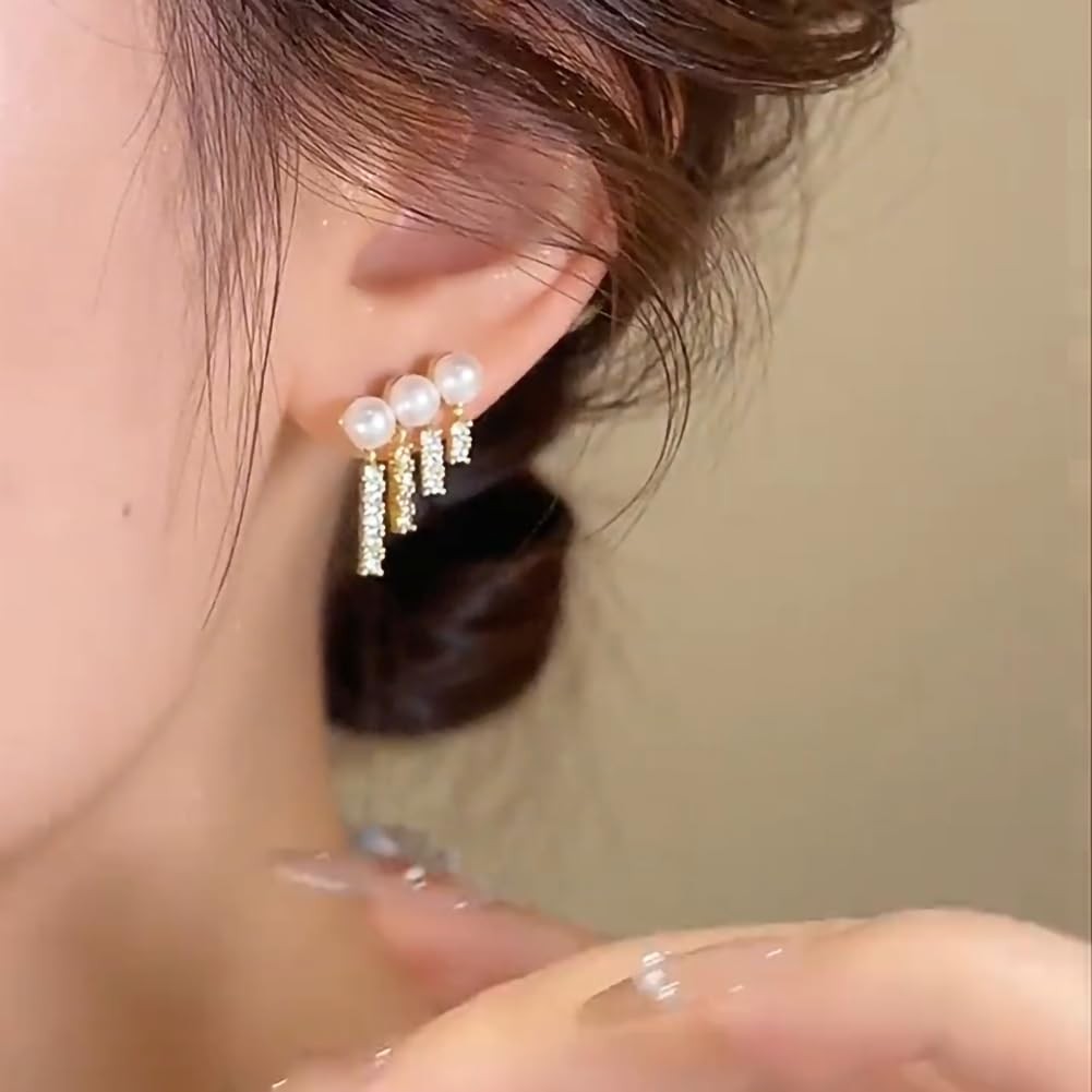 Pearl Crystal Tassel Earrings for Women Trendy Round Pearl Stud Earring Gli – 01