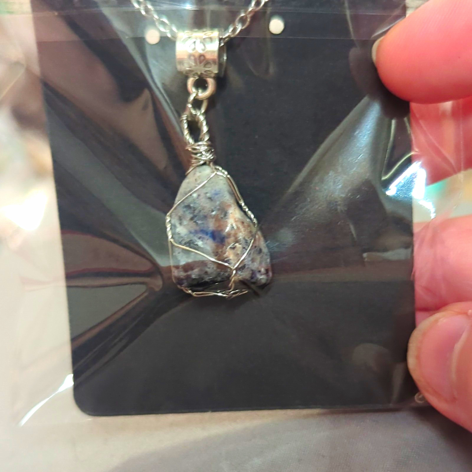 Handmade Wire Wrapped Sodalite Stone Charm Pendant Necklace Silver Tone