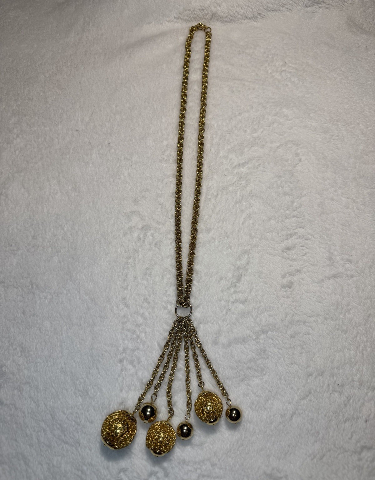 Gold Tone Metal Rope Chain Necklace Round Tassel Fringe Dangle Pendant