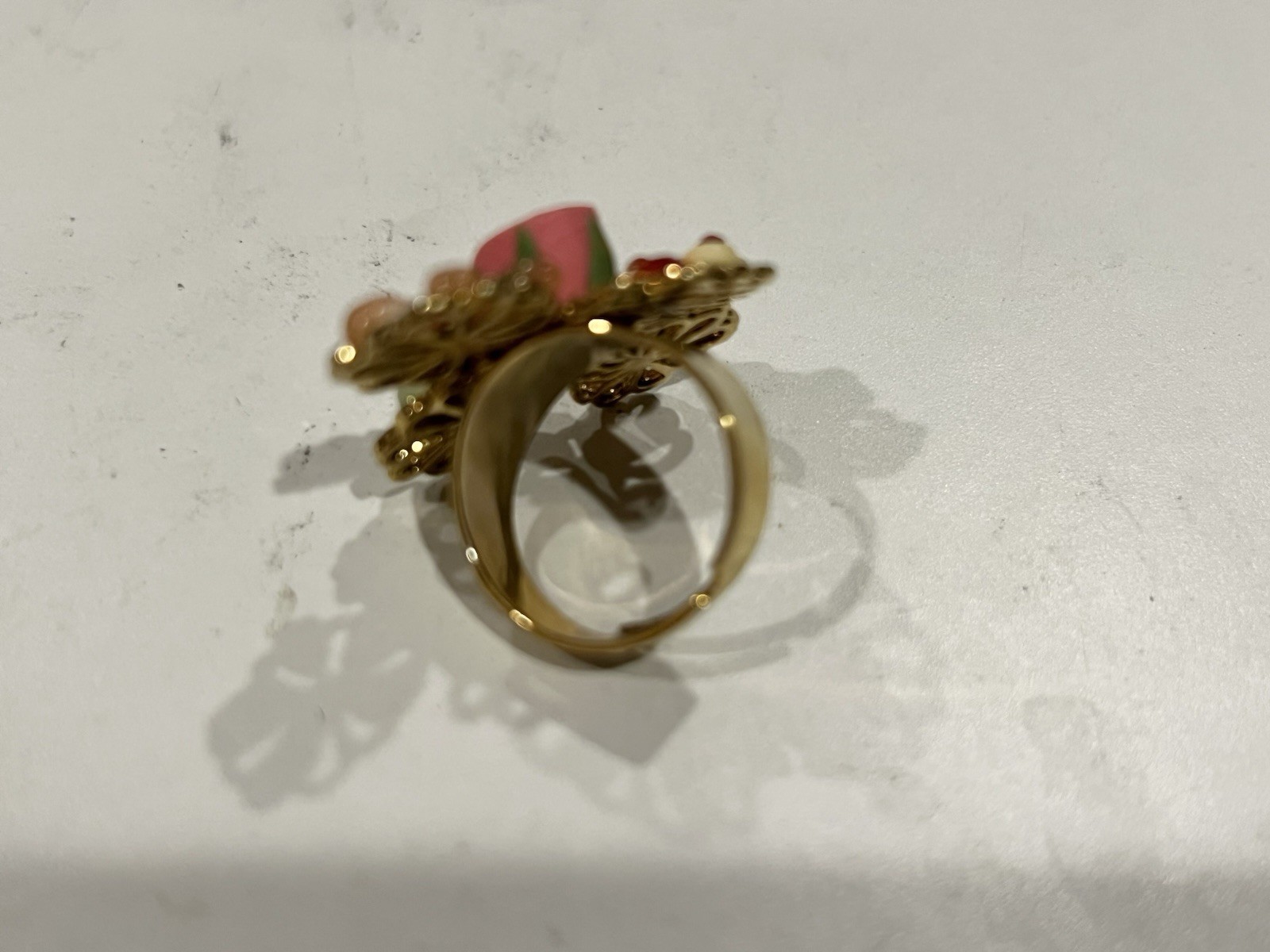 Vintage Style Floral Statement Ring Gold Tone Rhinestone Carved Rose Cocktail