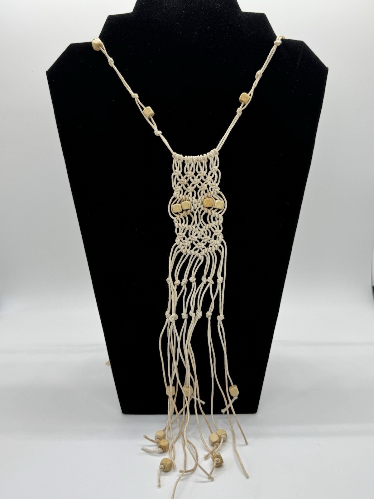 Handmade Boho Macramé Fringe Necklace Adjustable Natural Wood Beads Artisan