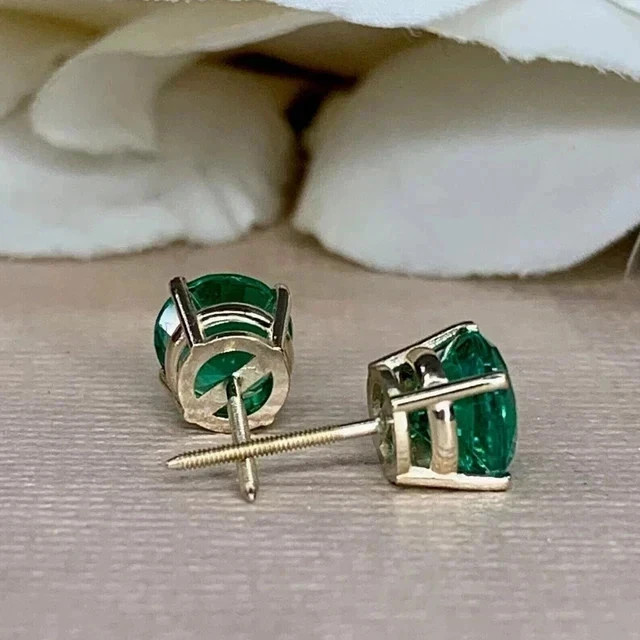 Natural Emerald 2.00Ct Round Cut Women’s Stud Earrings 14KYellow Gold Plated