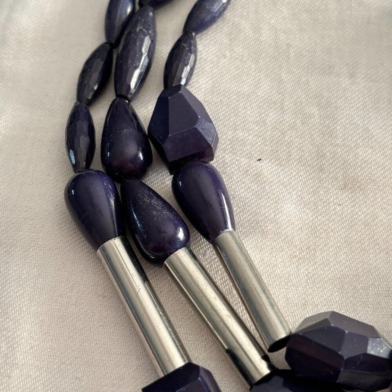 C Wonder Navy Blue Faceted Bead Statement Necklace Silver Accents