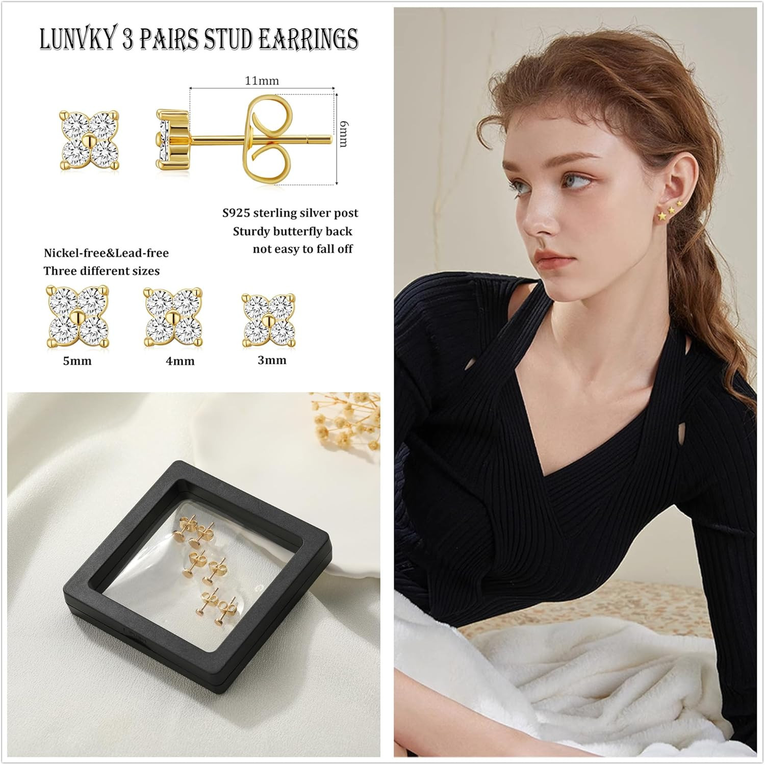 3 Pairs 14K Gold Plated Stud Earring Sets for Women Small Dainty Sterling Silver