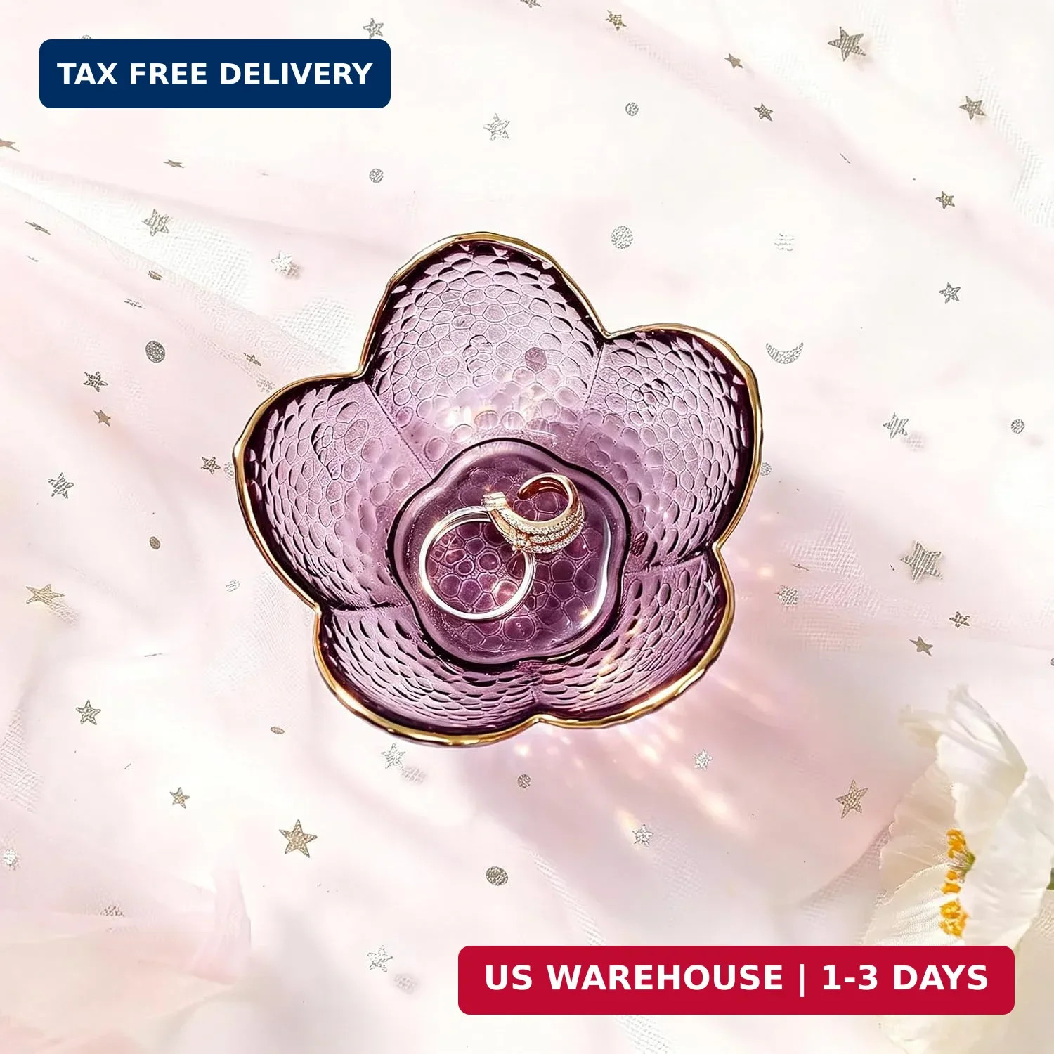 Purple Flower Jewelry Dish Glass Ring Holder Dish Jewelry Tray Cute Vanity Organ