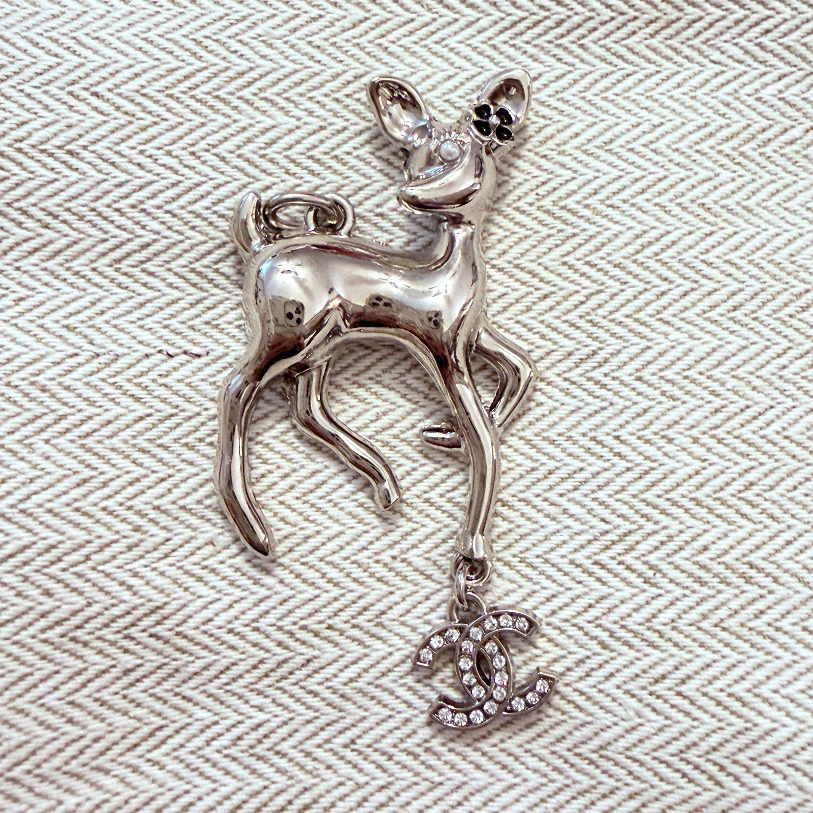 Designer Silver Tone & Rhinestone Deer Bag Charm Zipper Pull Pendant Large