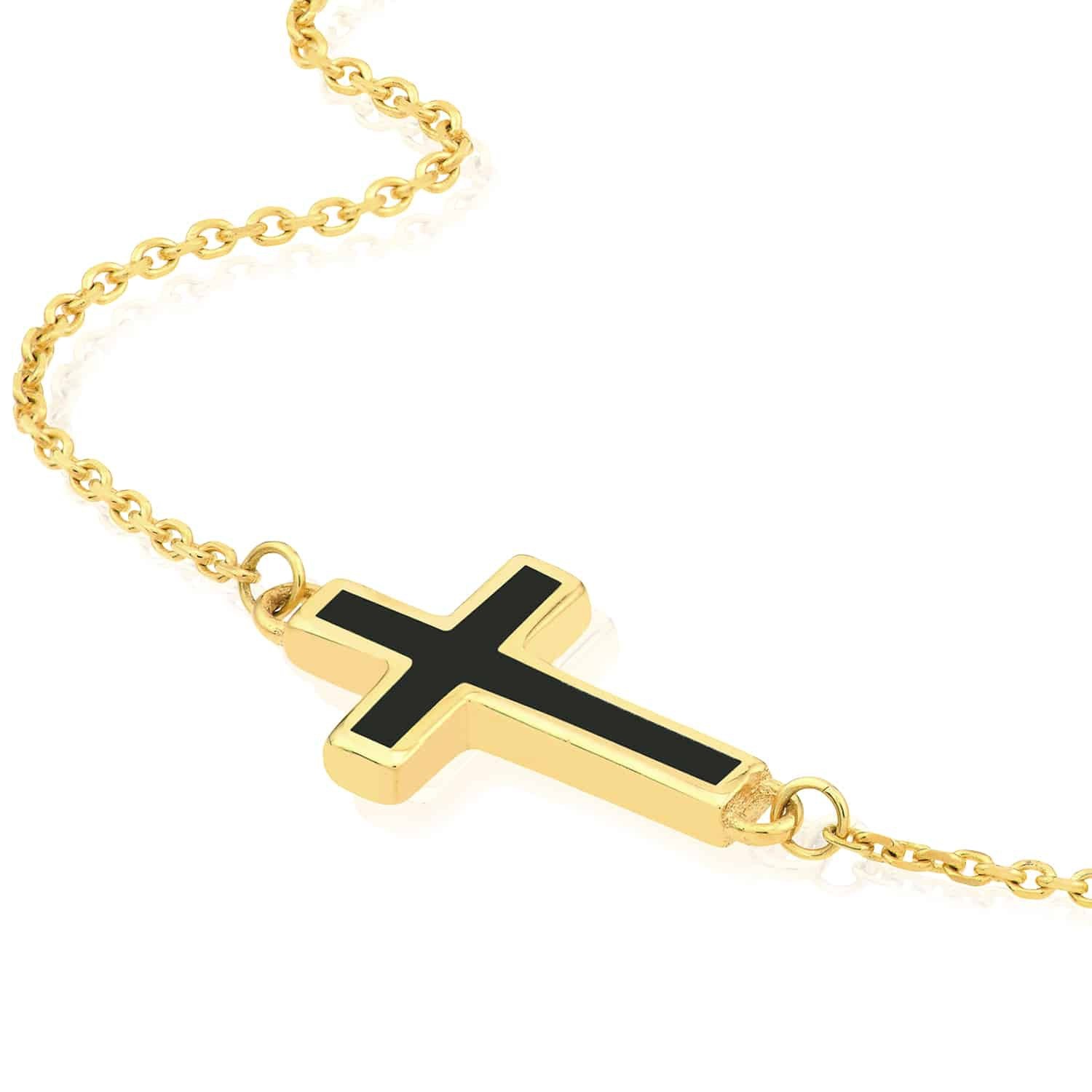 14K Real Gold White Black Turquoise Sideways Cross Pendant Necklace 16-18″ Adj