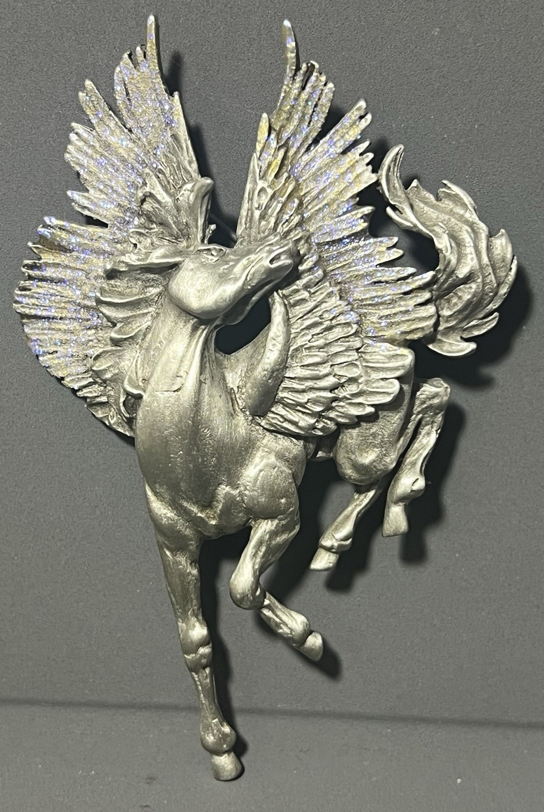 Vintage JJ Jonette Brooch Pewter Horse Pegasus Purple Glitter 3.5 Inches