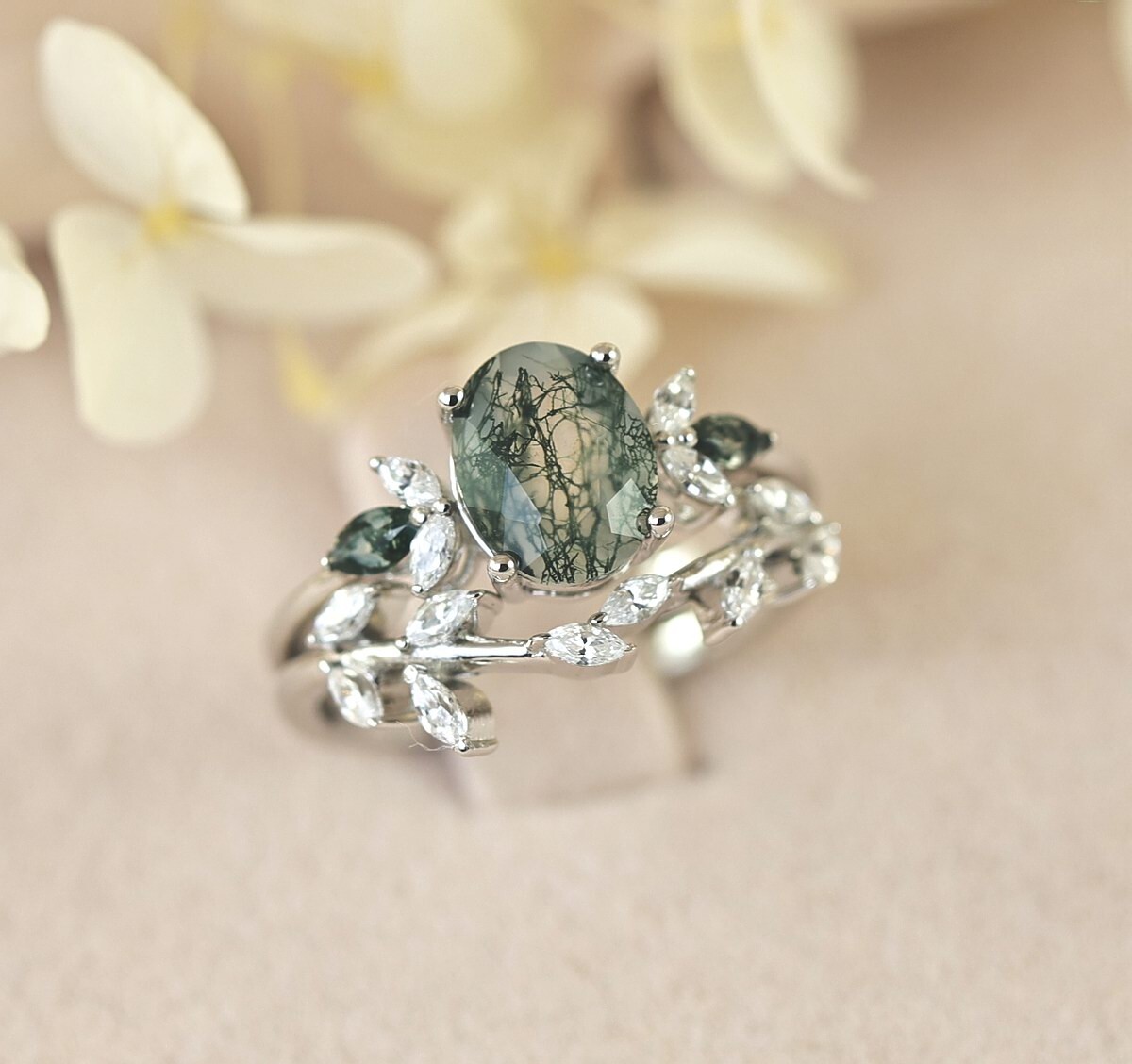 Floral Moss Agate Engagement Ring & Wedding Band Ring Set Sterling Silver S14275