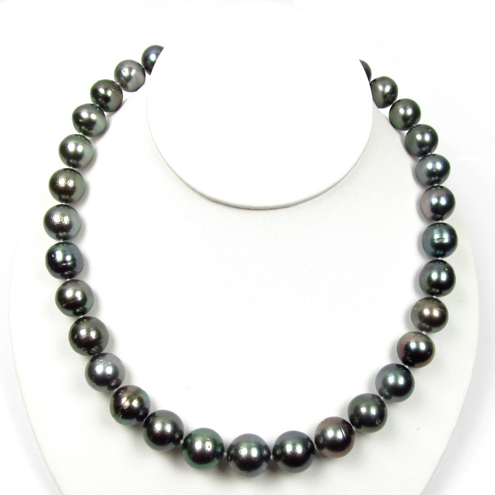 18″ 11.5-14.2mm Round Tahitian Black Pearl Necklace Strand White Gold Clasp