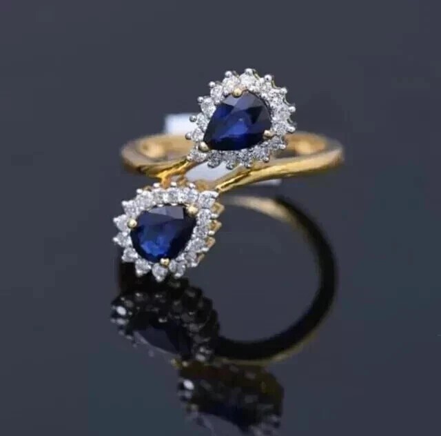 2Ct Pear Cut Simulated Blue Sapphire Women’s By Pass Ring !4K Yellow Gold Plated