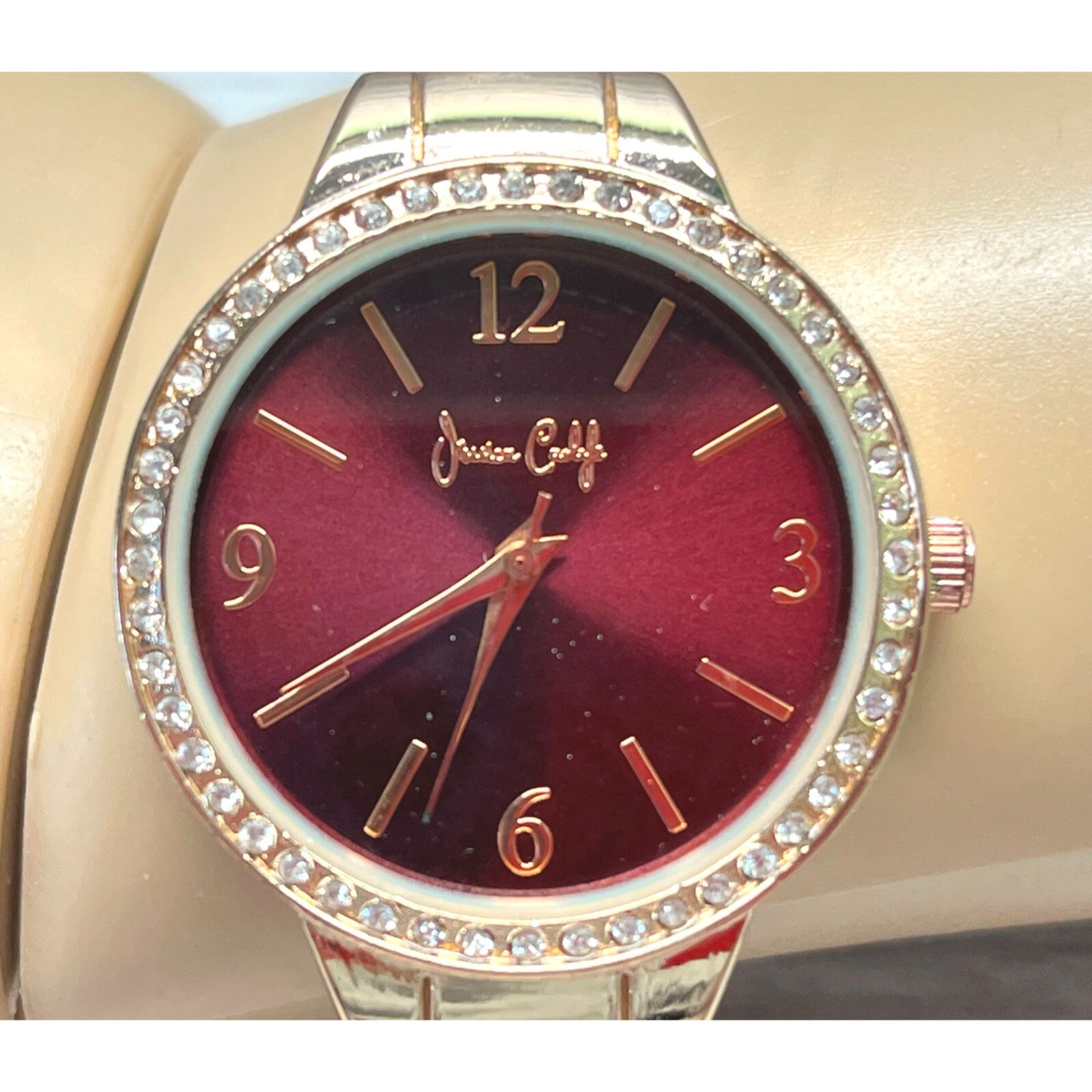 Jessica Carlyle Watch Cuff Bracelet Rose Gold Tone Quartz Rhinestones