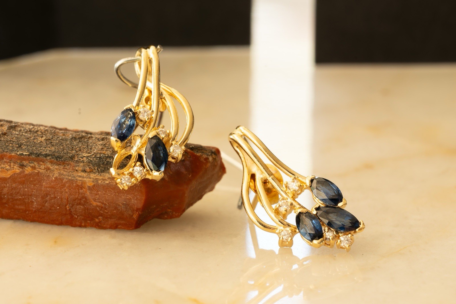 14K Yellow Gold Natural Marquise Sapphire & Diamond Stud Earrings