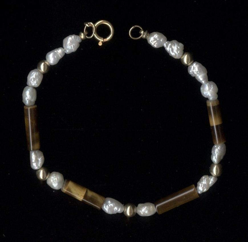 14K 4.1 Gram 6.75″ Solid Yellow Gold Rice Pearl Tiger’s Eye Strand Bracelet -hz