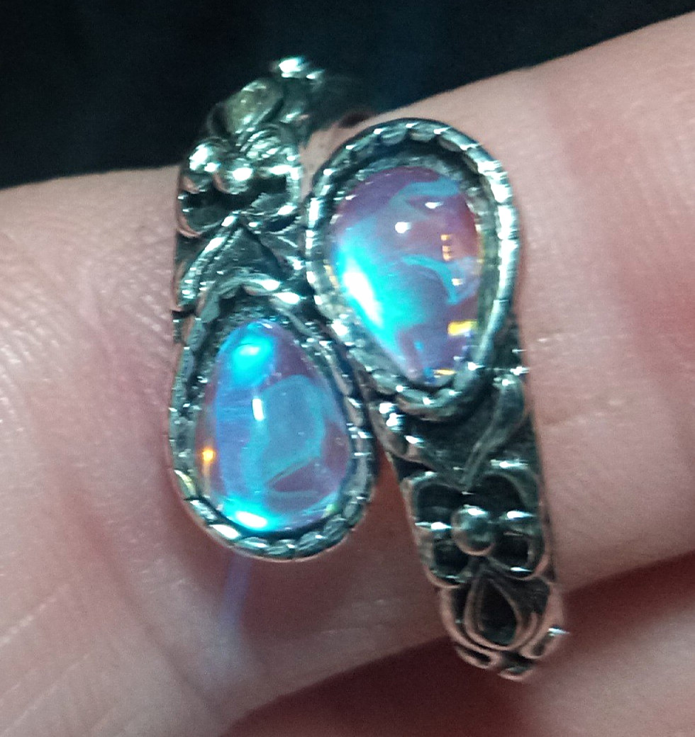 Classy Silver Tone Bypass Cocktail Ring Bezel 2 Blue Teardrop Opals Adjustable