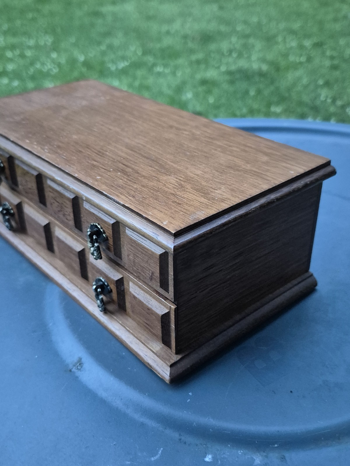 Vintage Wood Jewelry Box Mirror Mustard Yellow Corduroy Lining 2 Tier Organizer