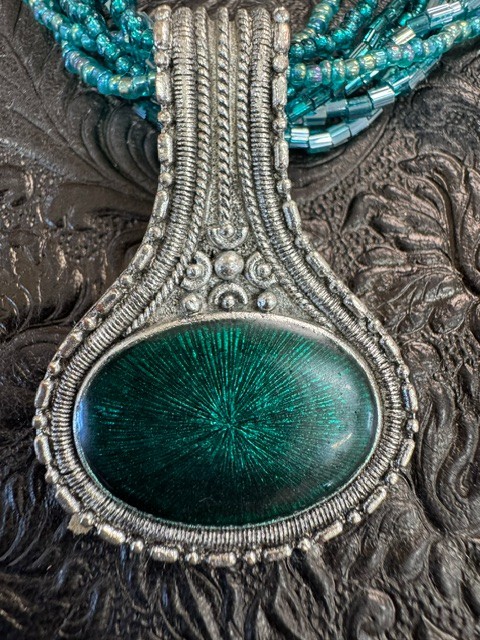 Boho Teal Multi Strand Seed Bead Necklace Silver Tone Faux Malachite Pendant