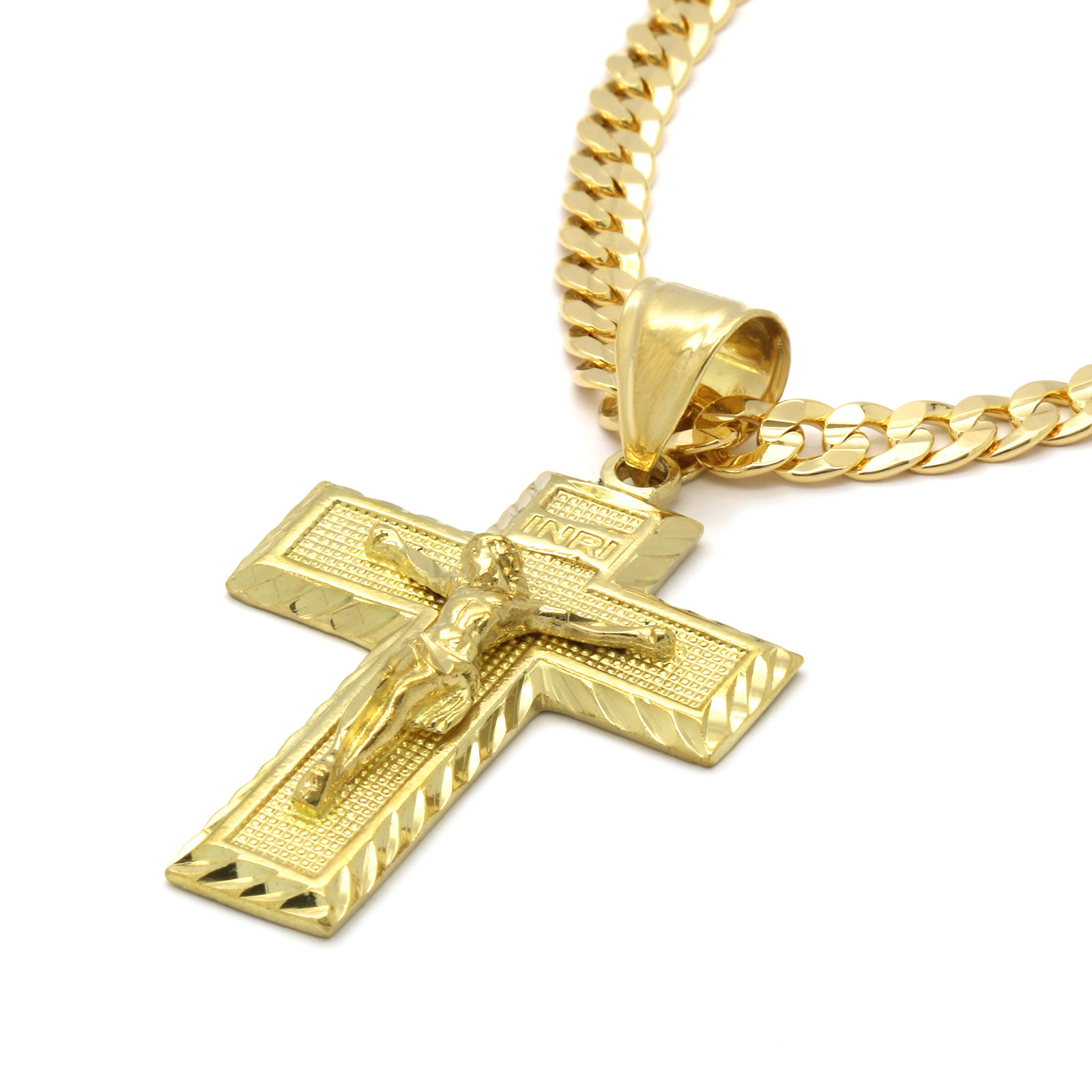 Men’s 18k Gold Plated JESUS CROSS (L) Hip-Hop Pendant 6mm Cuban Chain Necklace