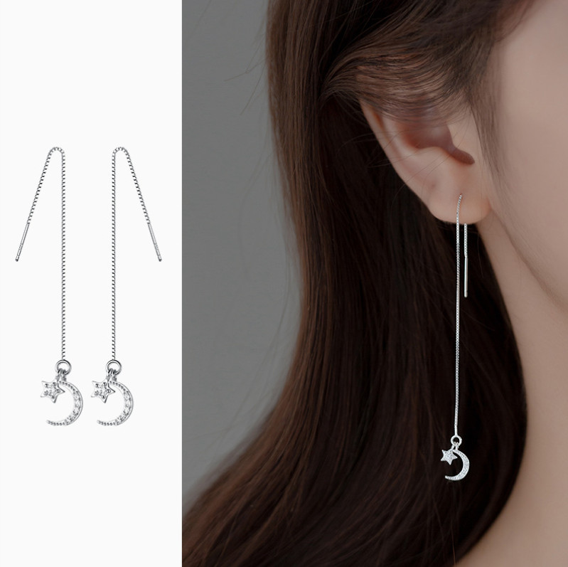 925 Silver Crescent Moon Star CZ Ear Thread Through Threader Pull Earrings PE2