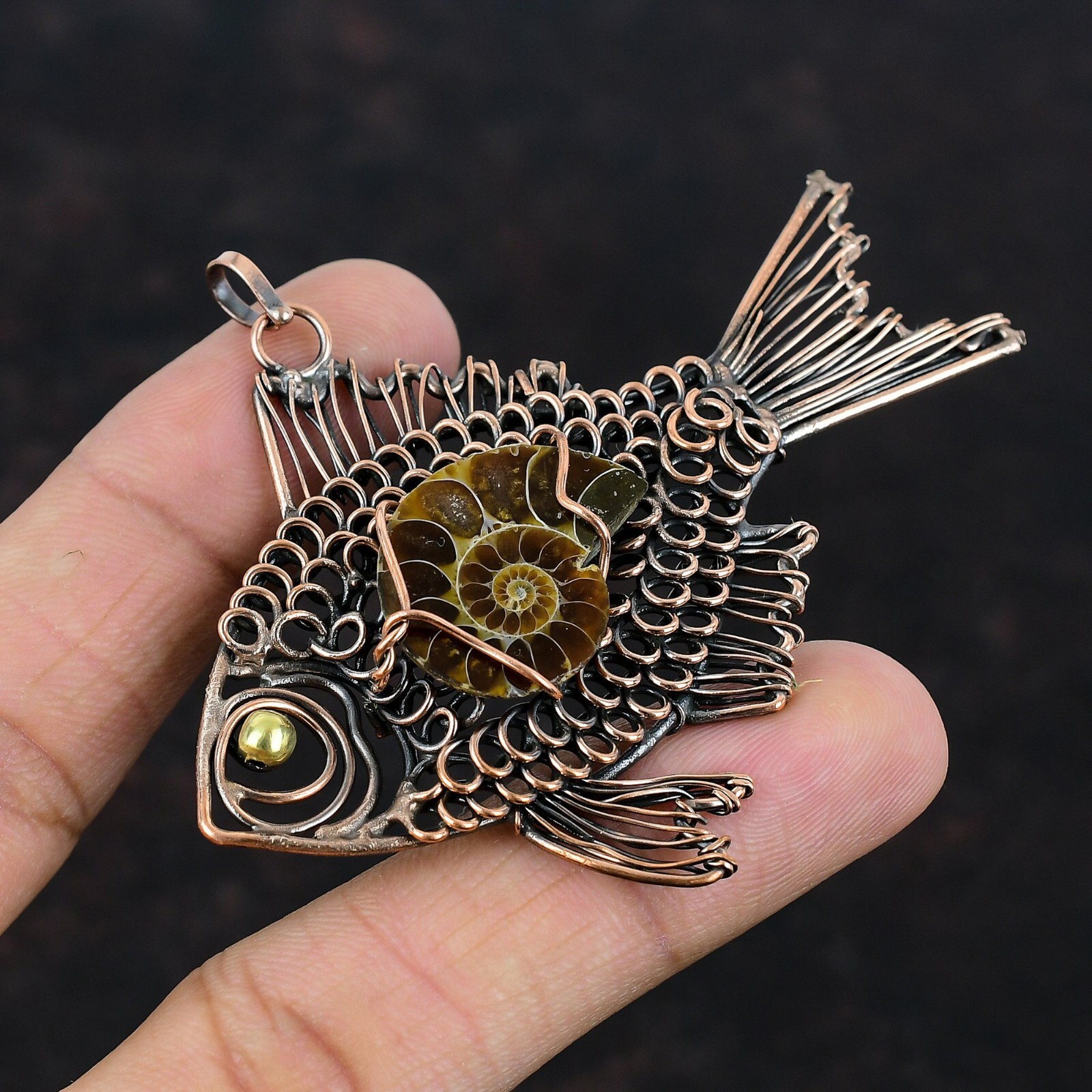 Gift For Her Ammonite Fossil Wire Wrapped Fish Pendant Copper Jewelry 2.56″