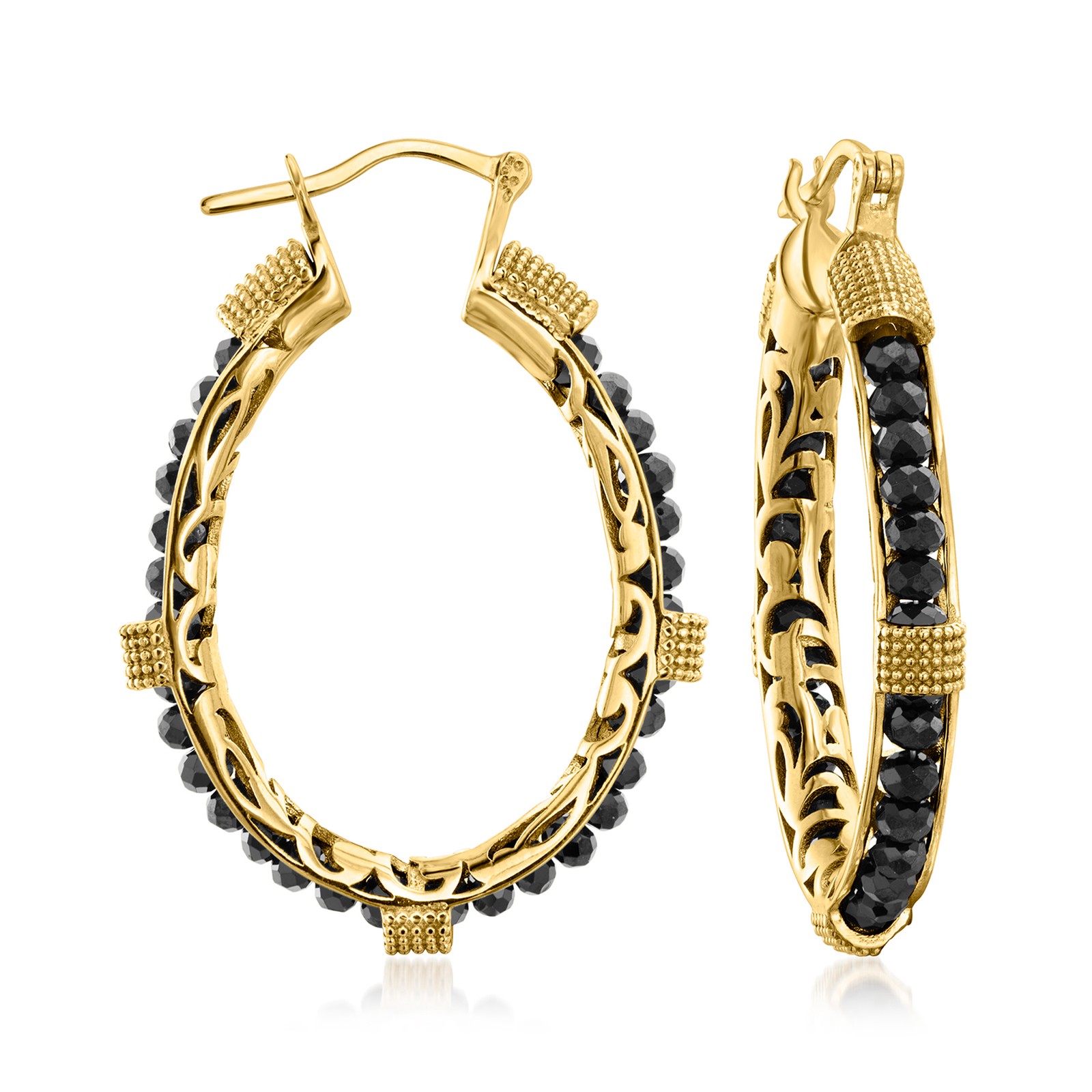 Ross-Simons Blck Spinel Hoop Earrings in 18k Gold Plate 1 3/4 inches