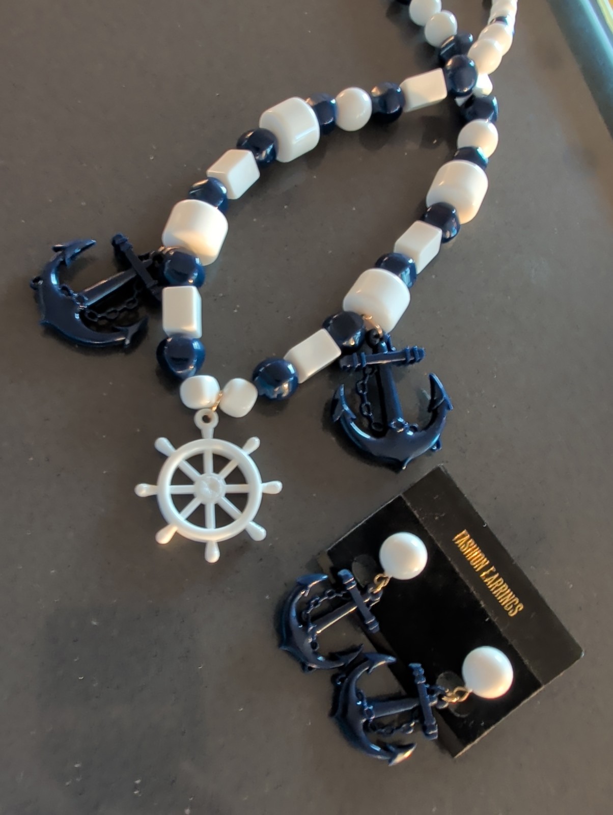 NOS Vintage GenuineLucite Necklace & Earrings Set Nautical Anchor Blue White S5