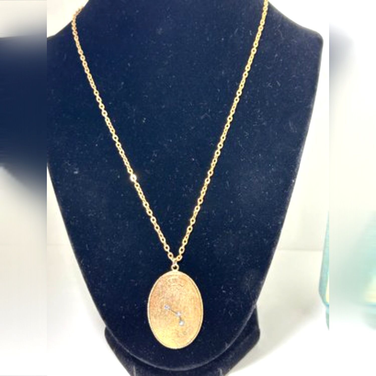 Aries Zodiac Constellation Pendant Necklace Gold Tone Blue Rhinestones