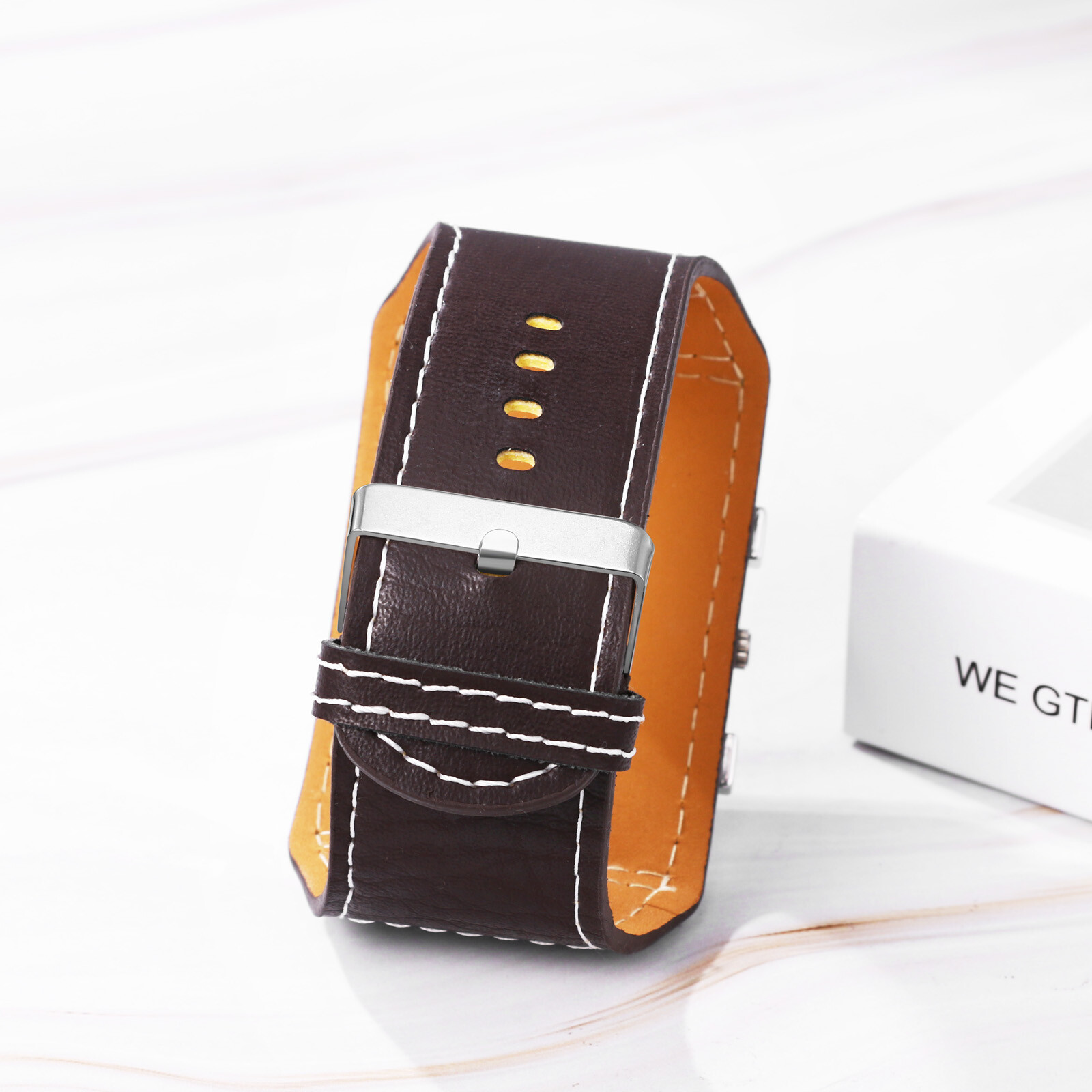Mens Punk Wide Leather Cuff Band Big Square Dial Analog Quartz Biker Wrist Watch