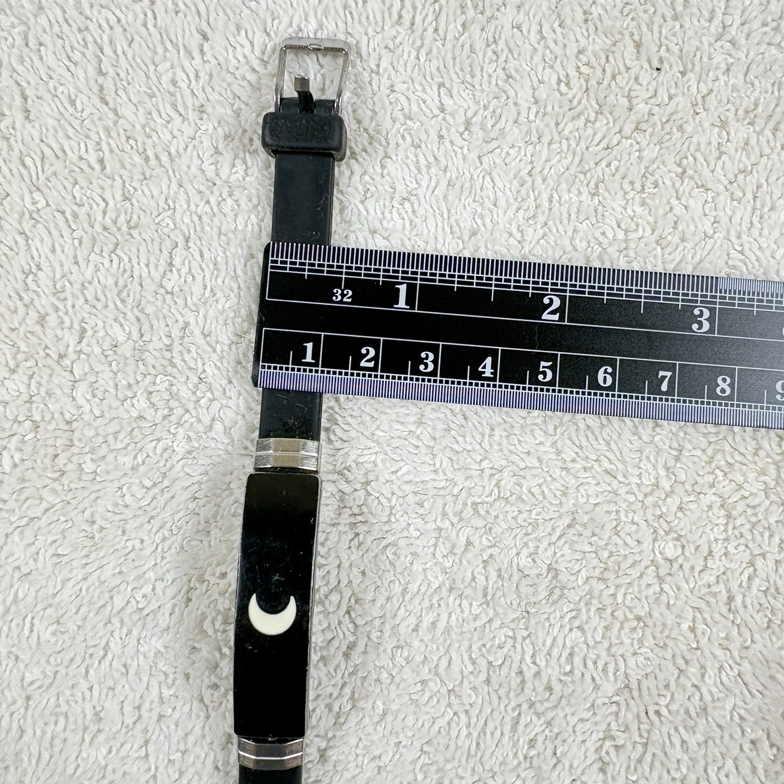 Black Bracelet White Crescent Moon Inlay Stainless Steel Accent Adjustable L-299