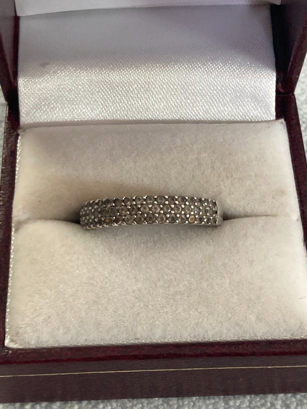 .925 Sterling Silver 3 Rows Clear Stone Band Stack Ring Sz. 8.75 marked KJC