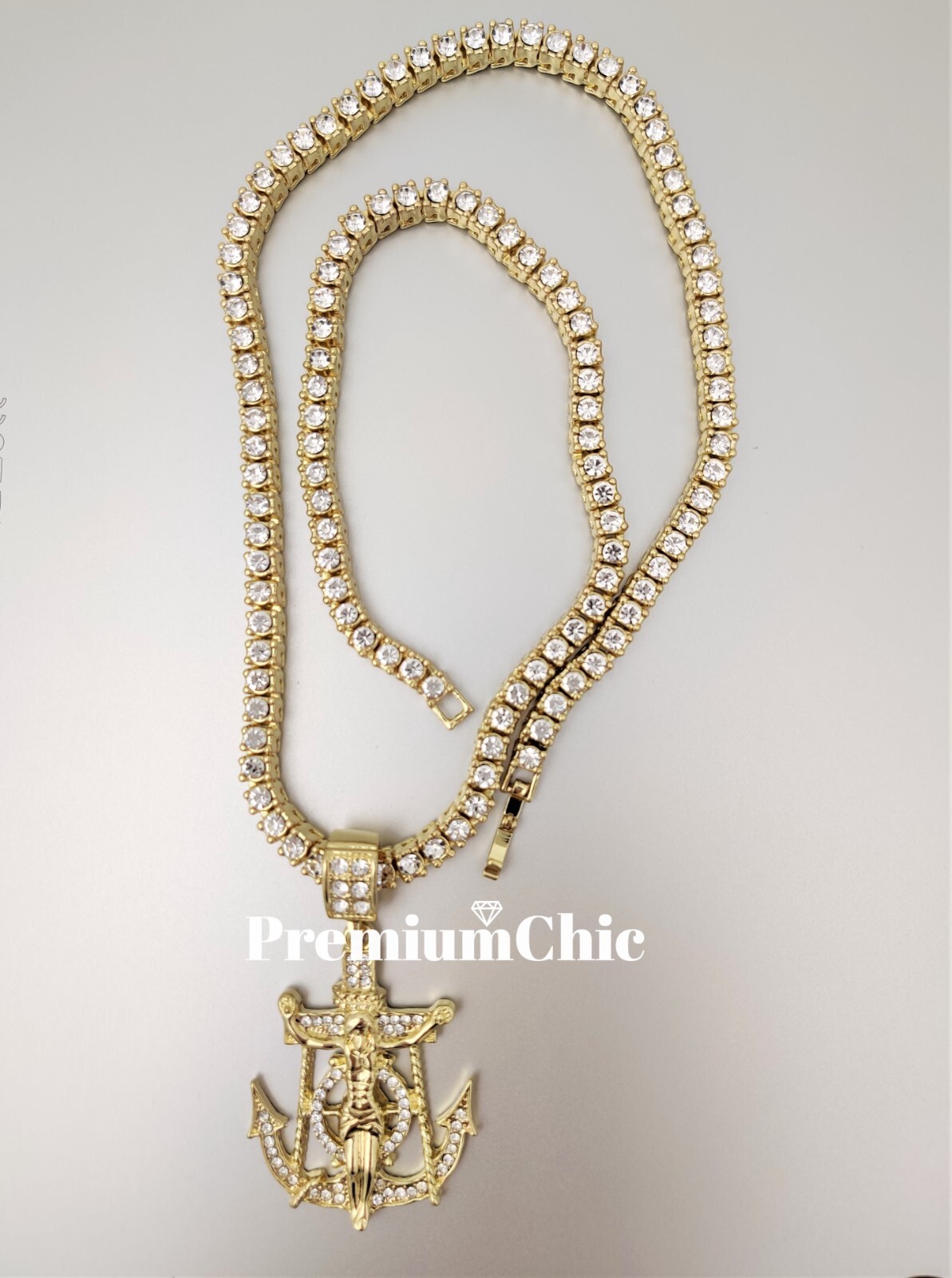 ICED Jesus Anchor & 5MM Tennis Chain Choker Plated Mens Hip Hop CZ Necklace