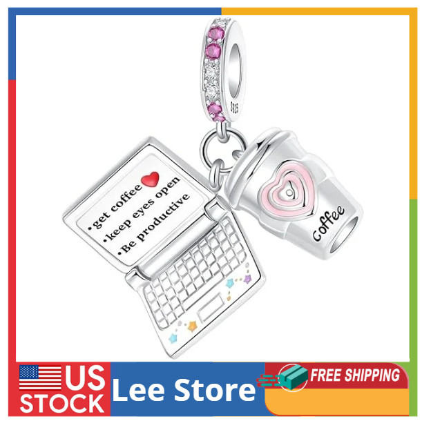 Coffee Cup Computer Charm 925 Sterling Silver Charms Fits Womens Bead Bracel…