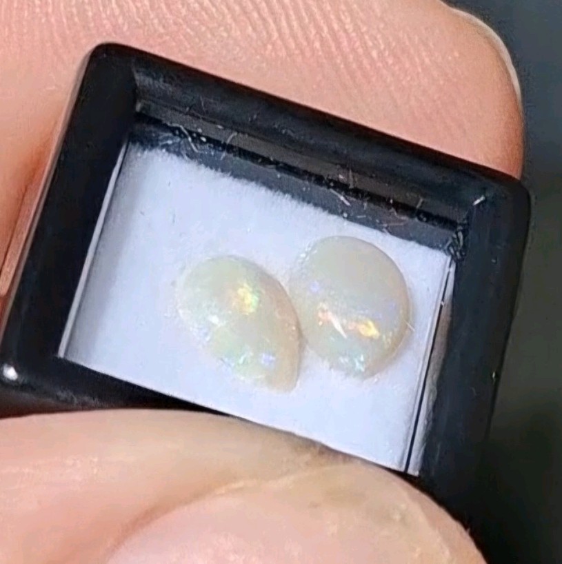 Natural Australian Lightning Ridge white Opals 5x7mm multicolour teardrop pair.