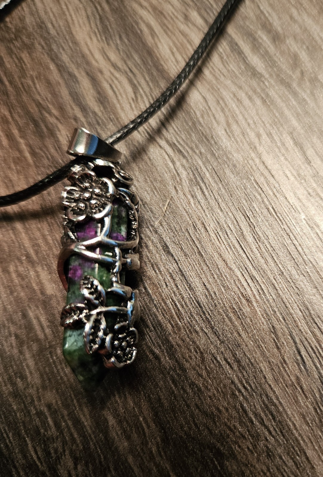 Ruby Zoisite Pendant Necklace Beautiful Silver Colored Wrapping Black Cord 18″