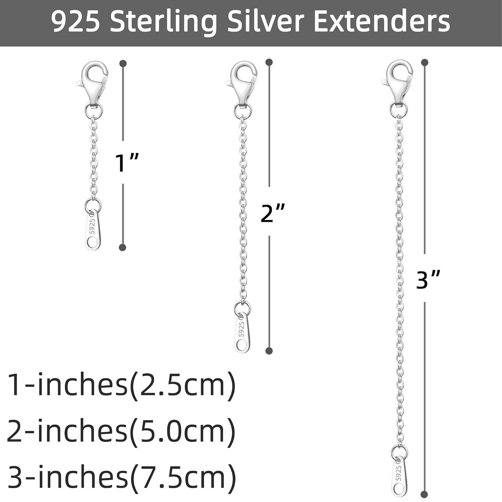 Sterling Silver Necklace Extenders 3 Piece Set for Women