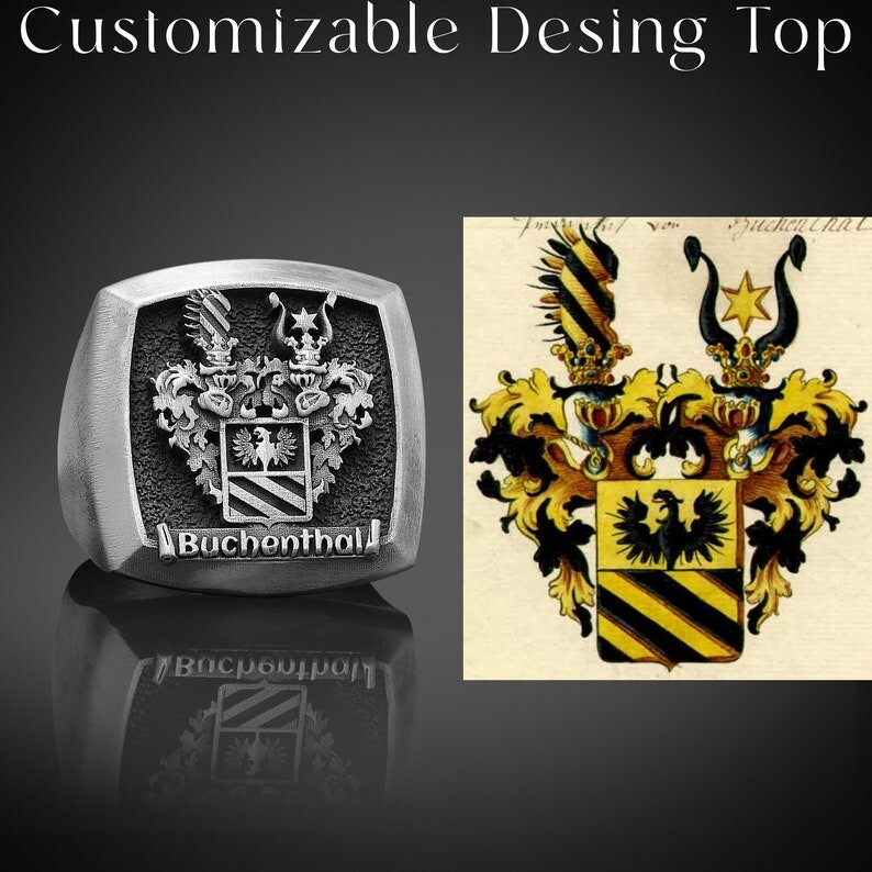Customizable Sterling Silver Family Crest Signet Ring, Piloto Coat of Arms Ring