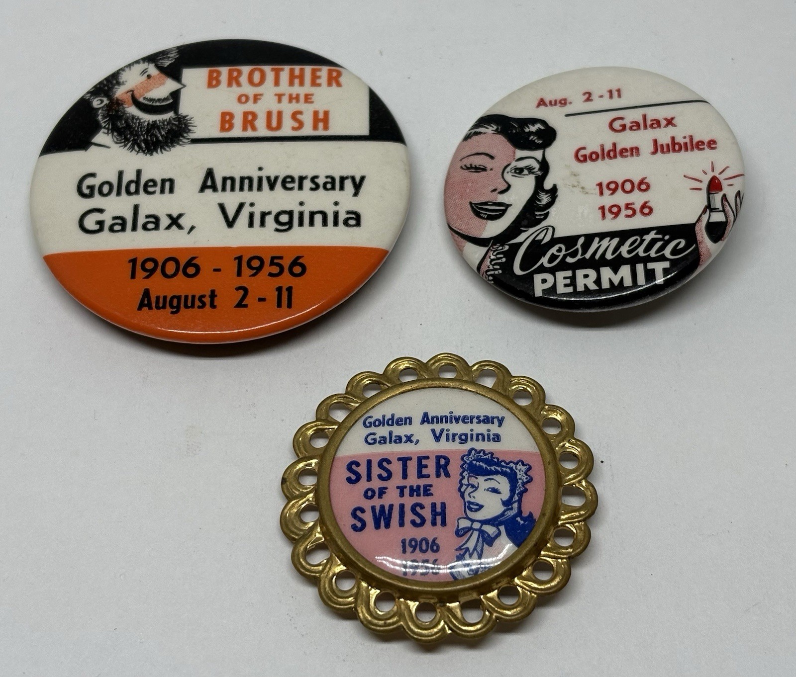 Galax Virginia Golden Anniversary Jubilee Set Of 3 Pins Brooches 1956 Grayson