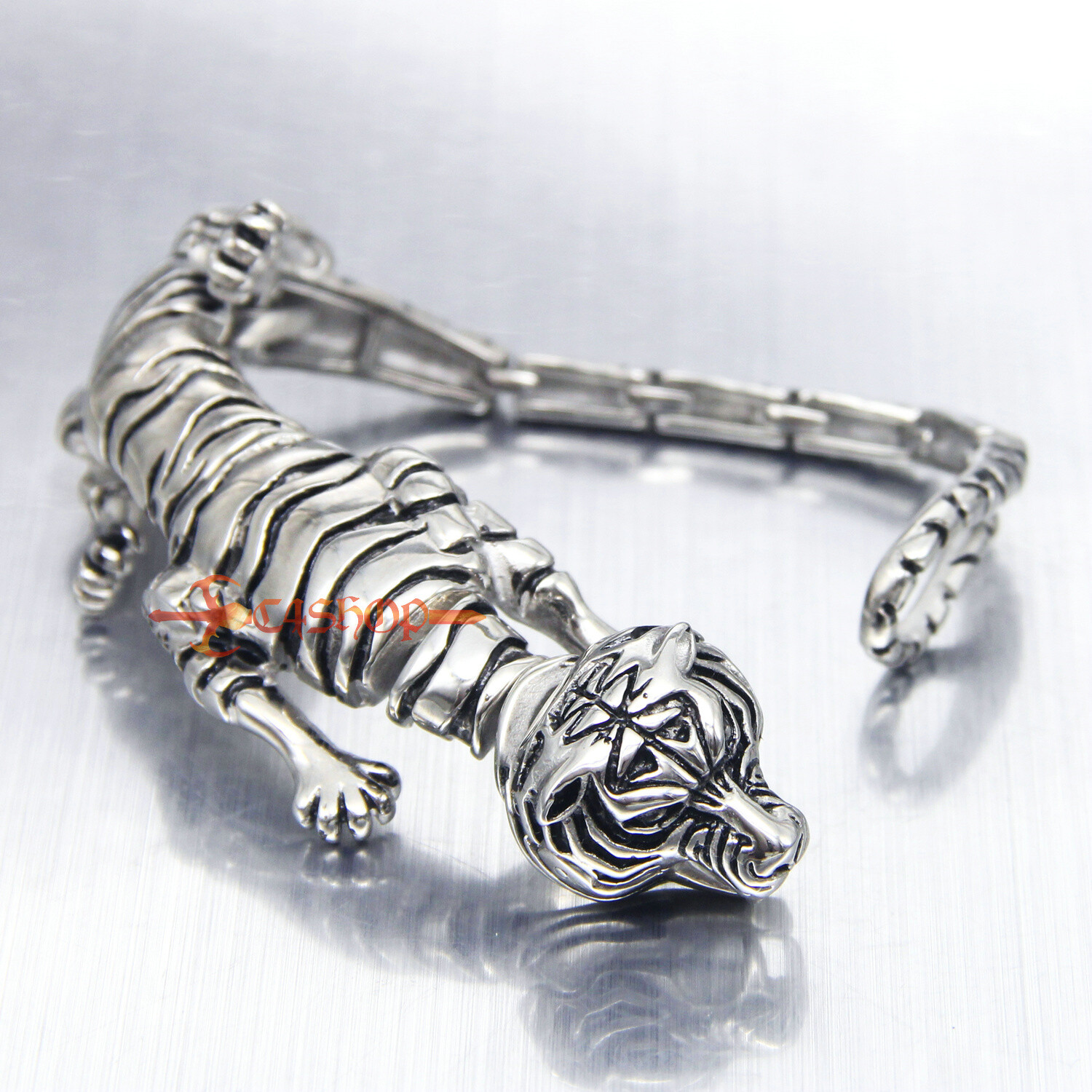 Mens Boys Large Stainless Steel Roaring Crouching Tiger Bangle Bracelet Polished