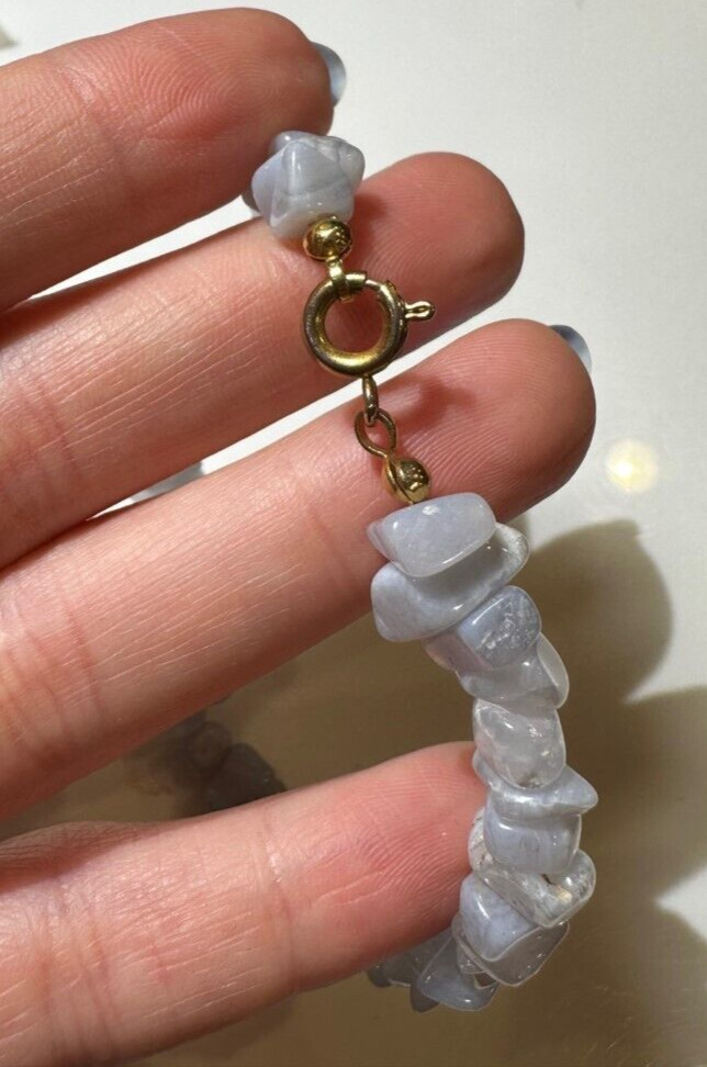 Vintage Blue Lace Agate Lavender Pebble stone Beads Gold tone 7.5″ Bracelet DA5