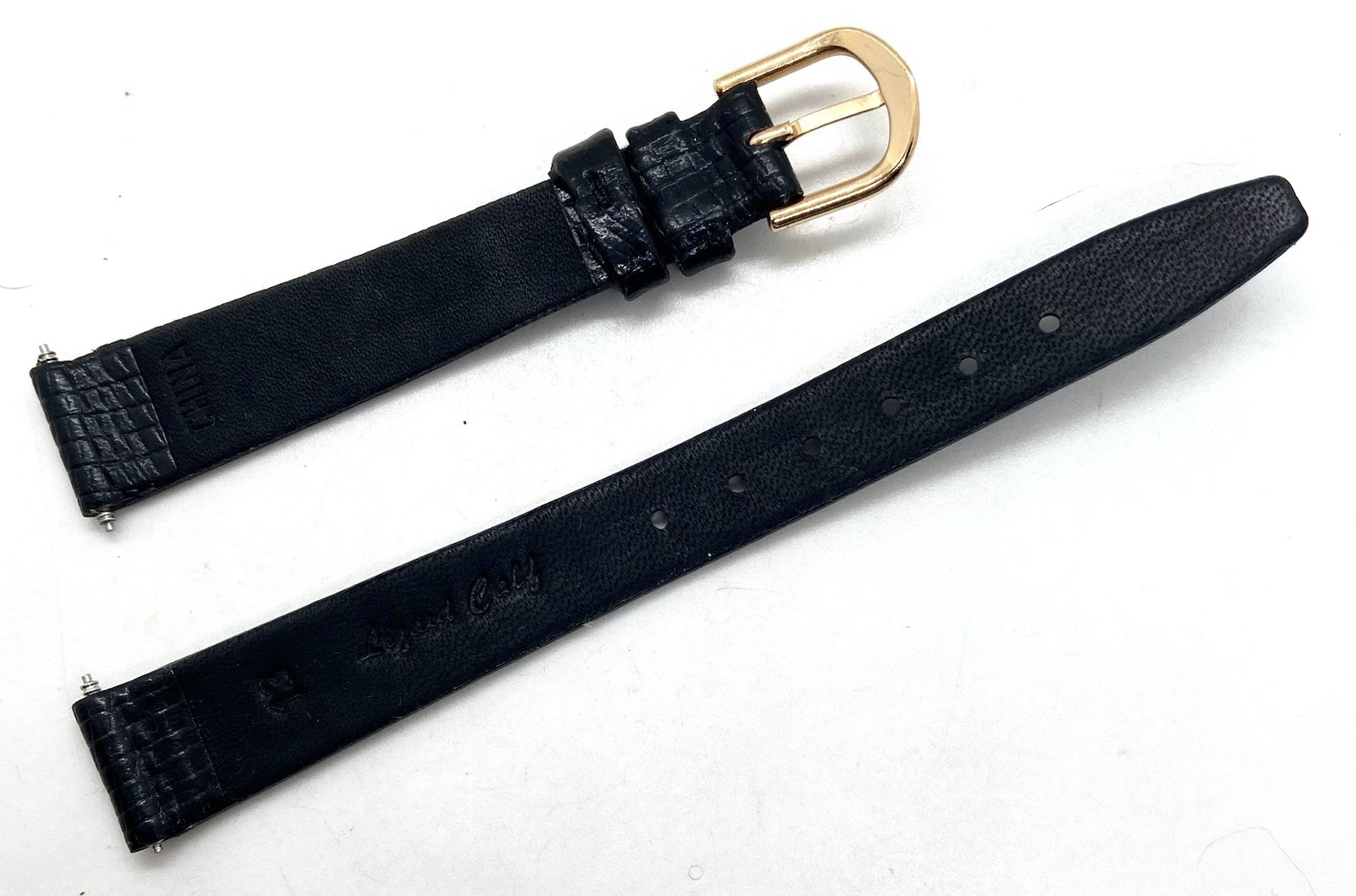 NEW NOS Watch Band 13mm Lug Black Lizard Calf Leather Gold Buckle W/Spring Bars