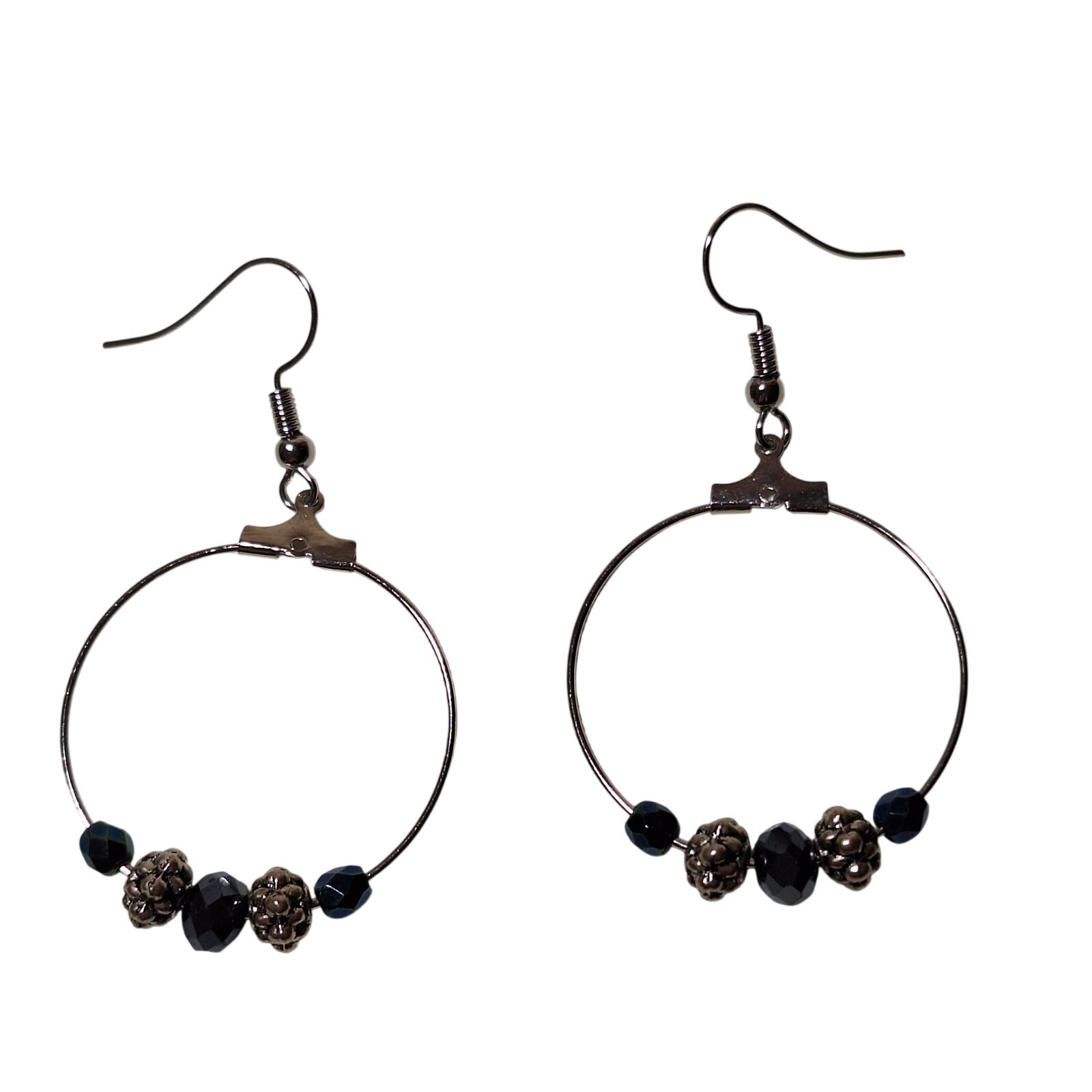 Hoop Earrings Silver Tone Black Iridescent Silver Tone Beads Fishhook Earwires