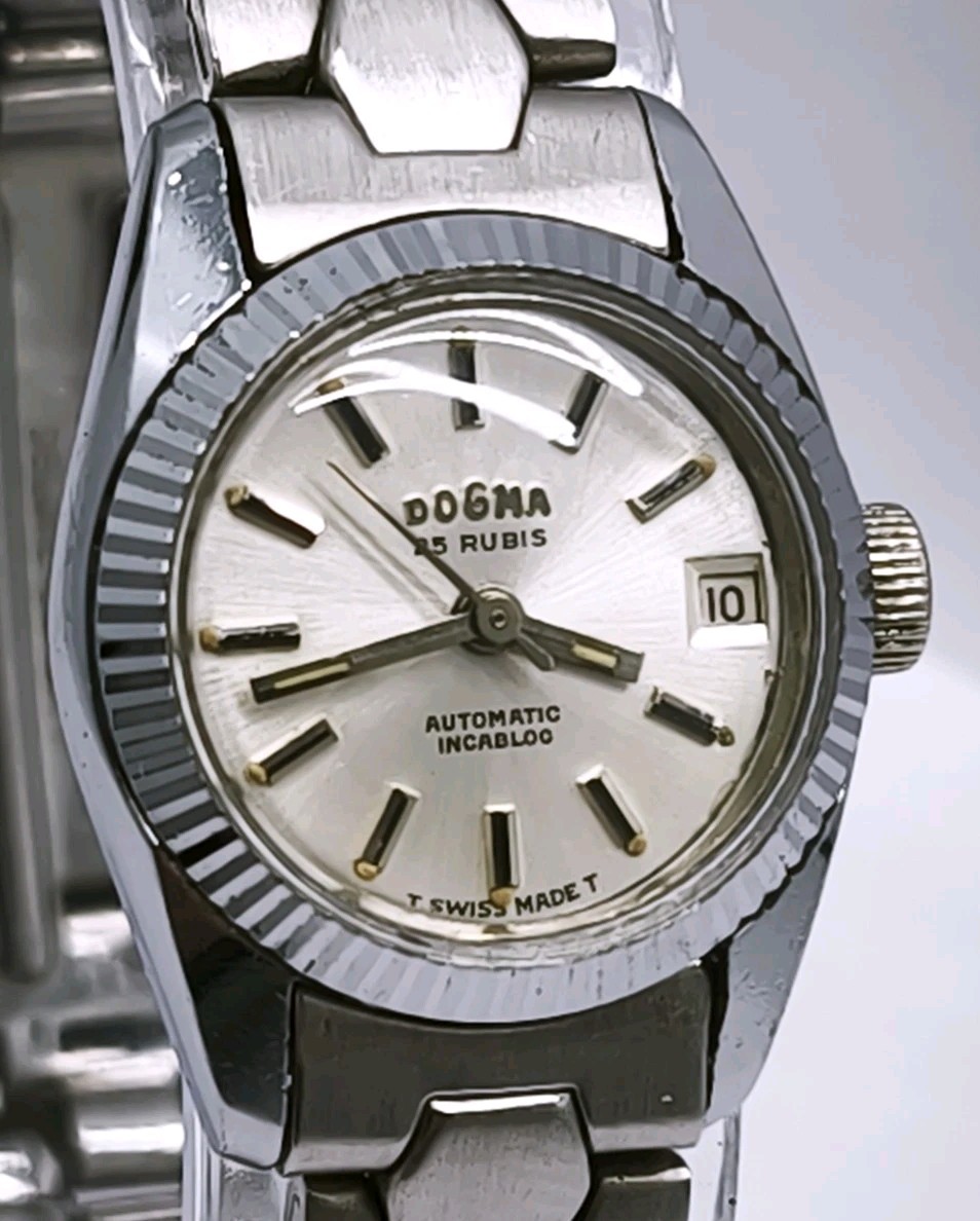 Vtg 1970s Dogma Deluxe Automatic Steel Bracelet 22mm Ladies Watch Cal ETA 2551