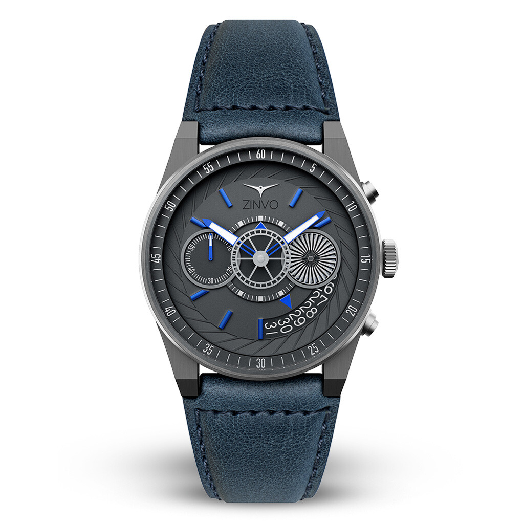 Zinvo Chrono Rebel Turbine Steel Black Grey Blue Date Sapphire Leather Men