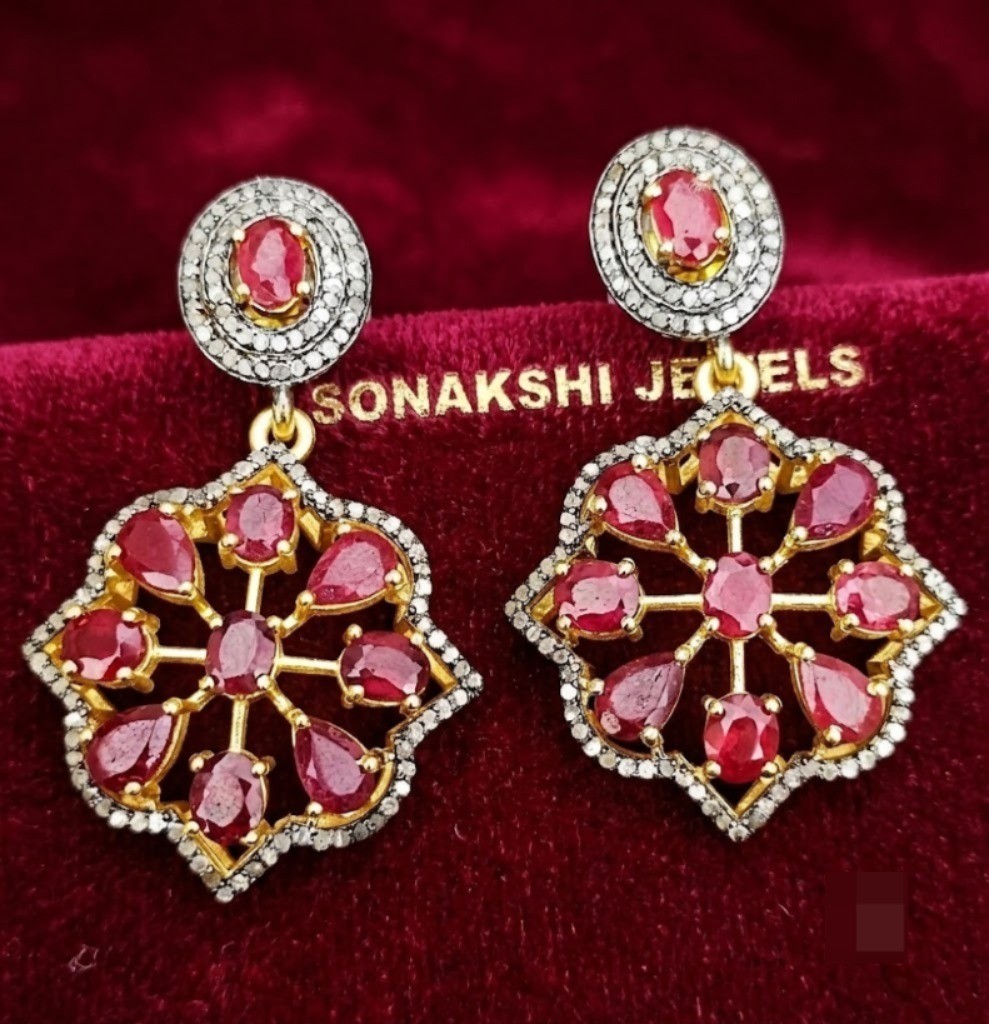 Designer Ruby Gemstone Earring Handmade Design Pave Diamond Earring