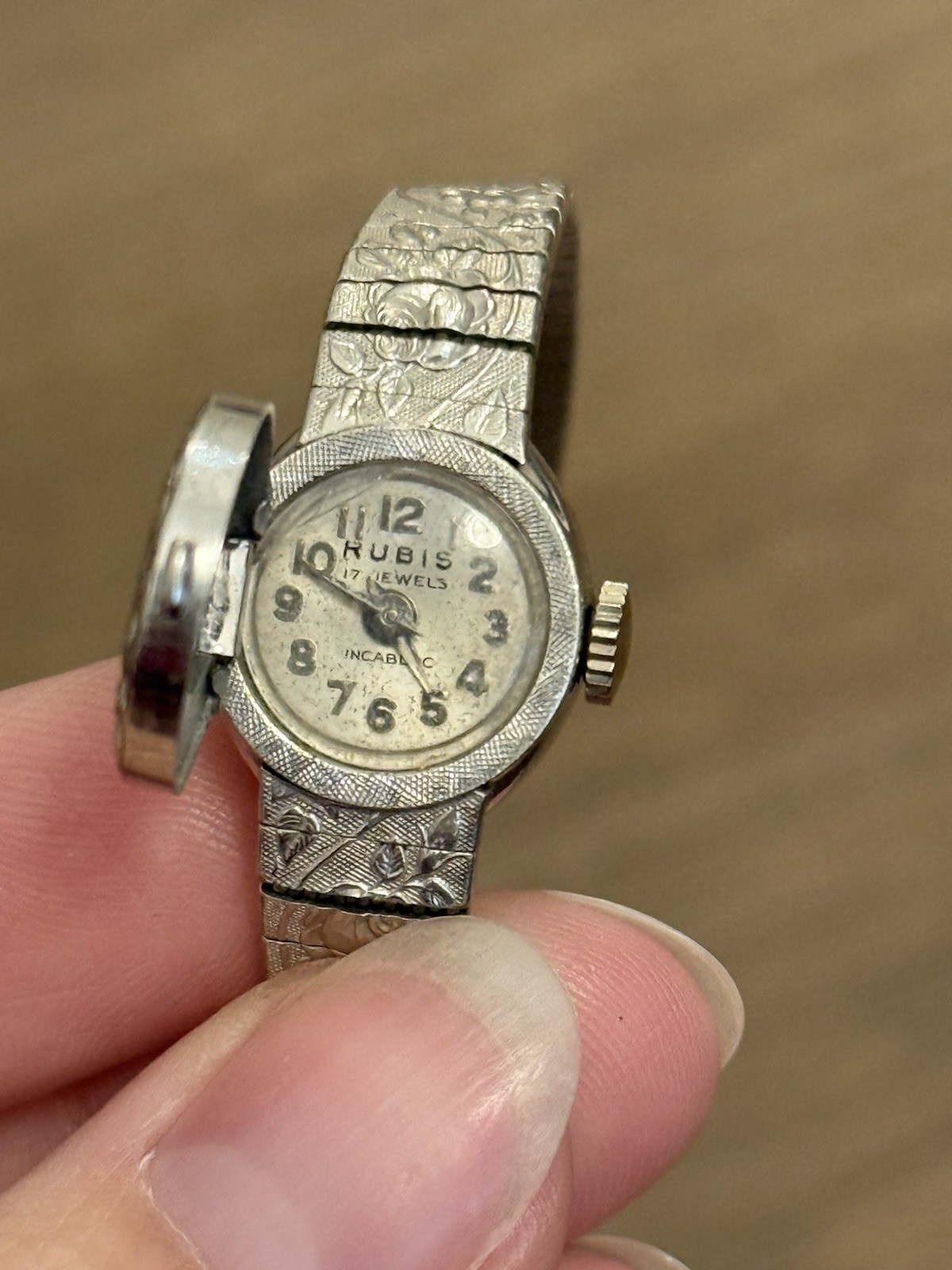 Vintage Rubis 17J Swiss Incabloc Hidden Dial Watch 10K GF Bracelet Untested