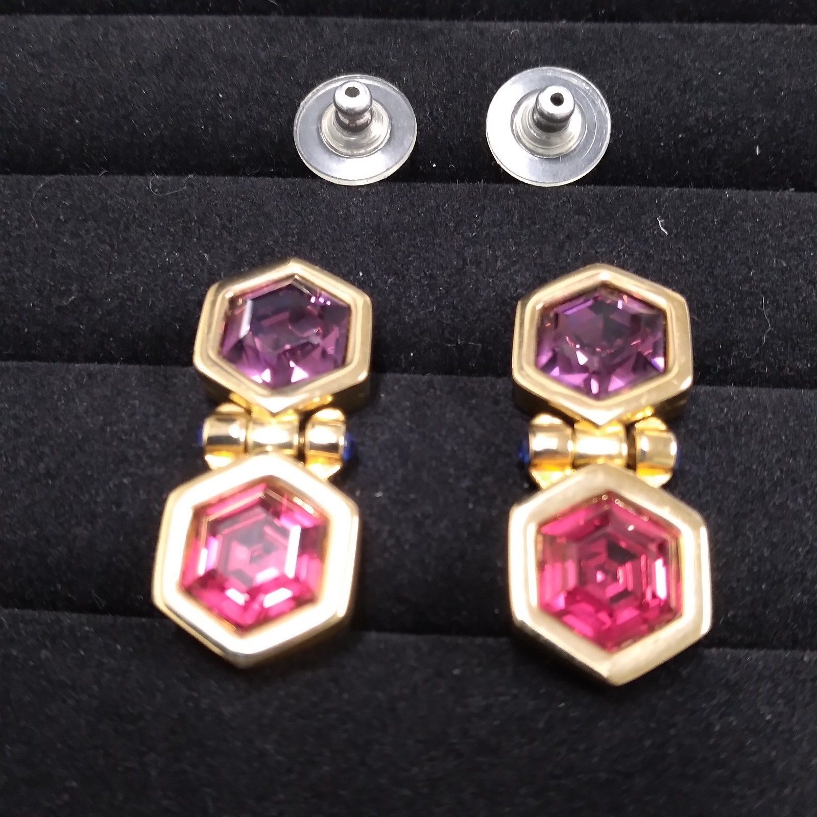 Swarovski Swan Purple Red Hexagon Shape Gold Tone Doorknocker Earrings Pierced