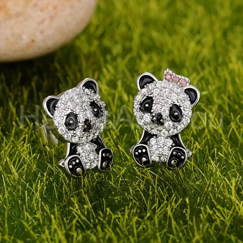 1ct Round Cut Moissanite Cute Panda Enamel Stud Earrings 14K White Gold Plated